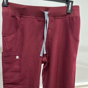 Figs Women's Straight Leg Pants - Burgundy with Gray Tie side slit on bottom
